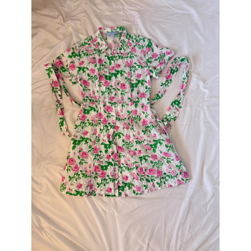 Hill House Home The Laura Shirt Dress Pink Roses Linen Size XS + Belt Excellent